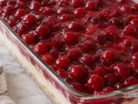 Finished no-bake cherry cheesecake lush topped with whipped topping and walnuts