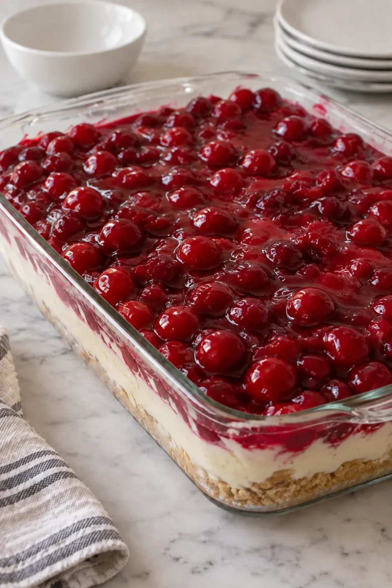 Finished no-bake cherry cheesecake lush topped with whipped topping and walnuts