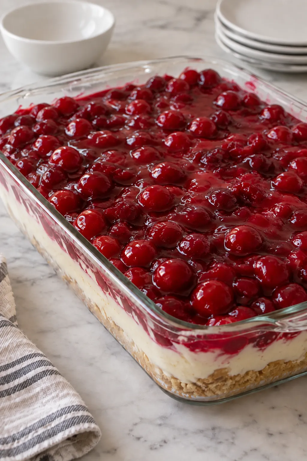 Finished no-bake cherry cheesecake lush topped with whipped topping and walnuts