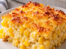 Thick slice of easy creamy corn casserole with a golden crust and visible corn kernels