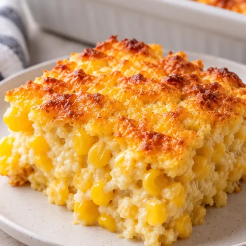 Thick slice of easy creamy corn casserole with a golden crust and visible corn kernels