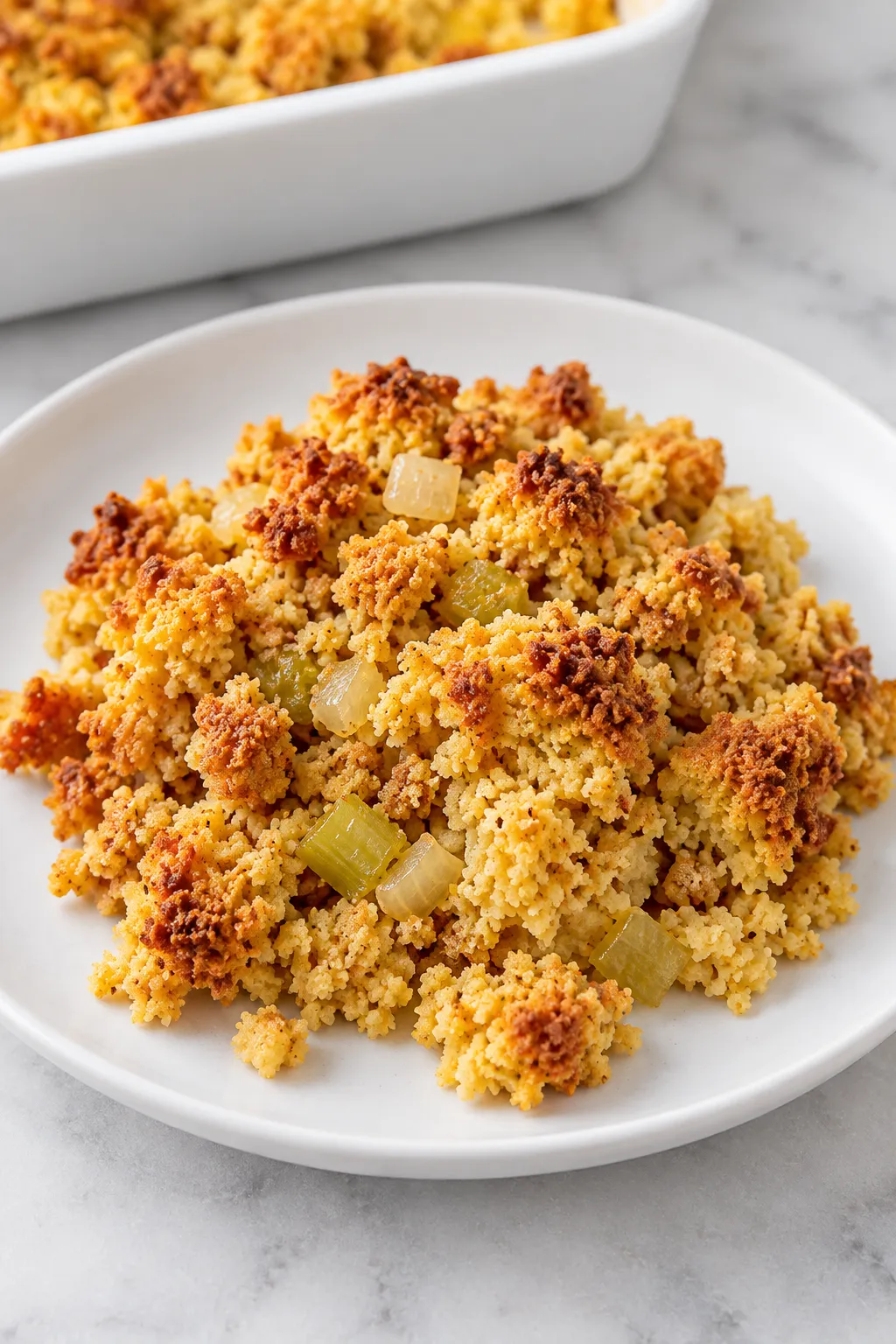 Cornbread dressing served with sliced turkey, green beans and cranberry sauce