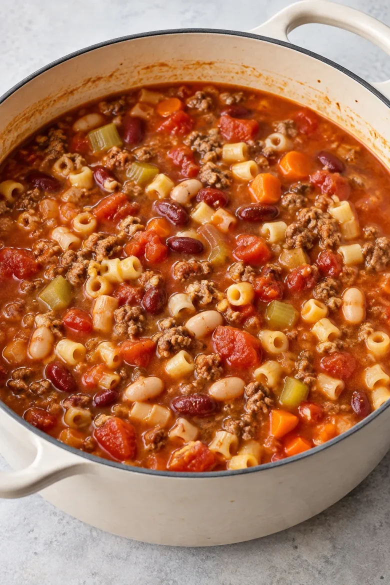 Copycat Olive Garden pasta fagioli soup with ground beef, beans, ditalini, tomatoes, carrots, and celery