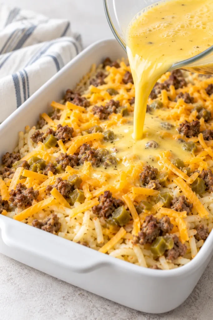 Make-ahead sausage hash brown casserole covered before refrigeration