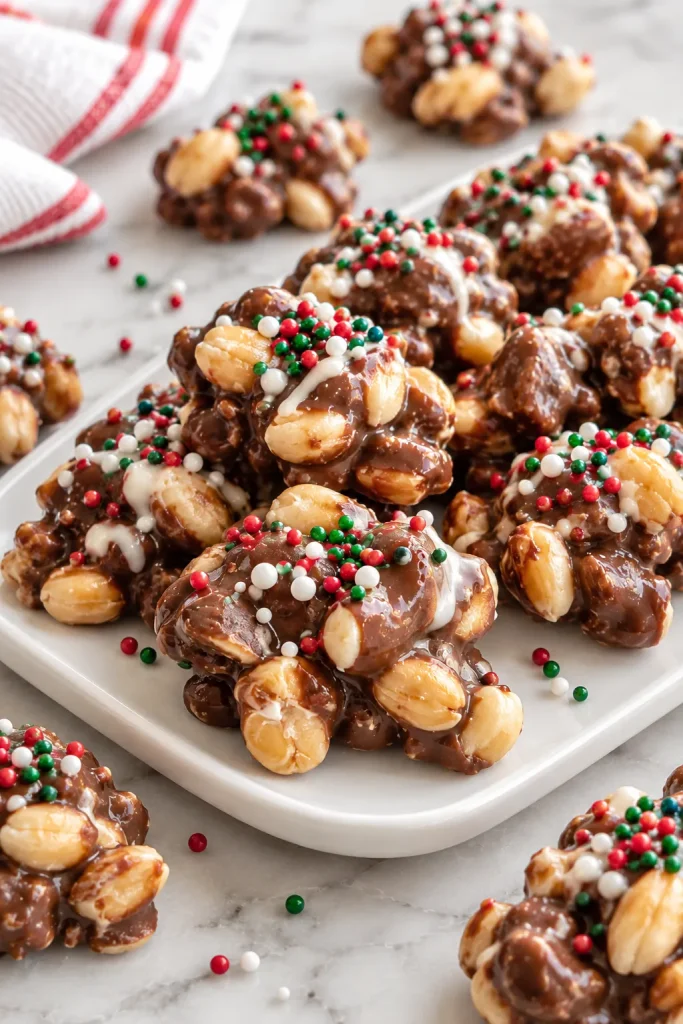 Chocolate peanut Crockpot Christmas Crack clusters arranged on a white serving platter