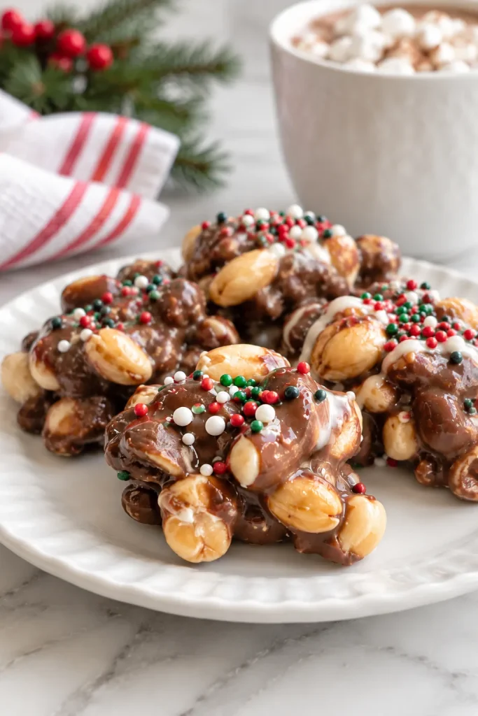 Crockpot Christmas Crack chocolate peanut clusters served on a white plate