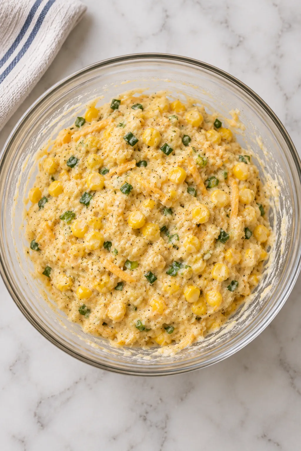 Cheesy corn fritter batter with corn, Parmesan, and green onion in a mixing bowl
