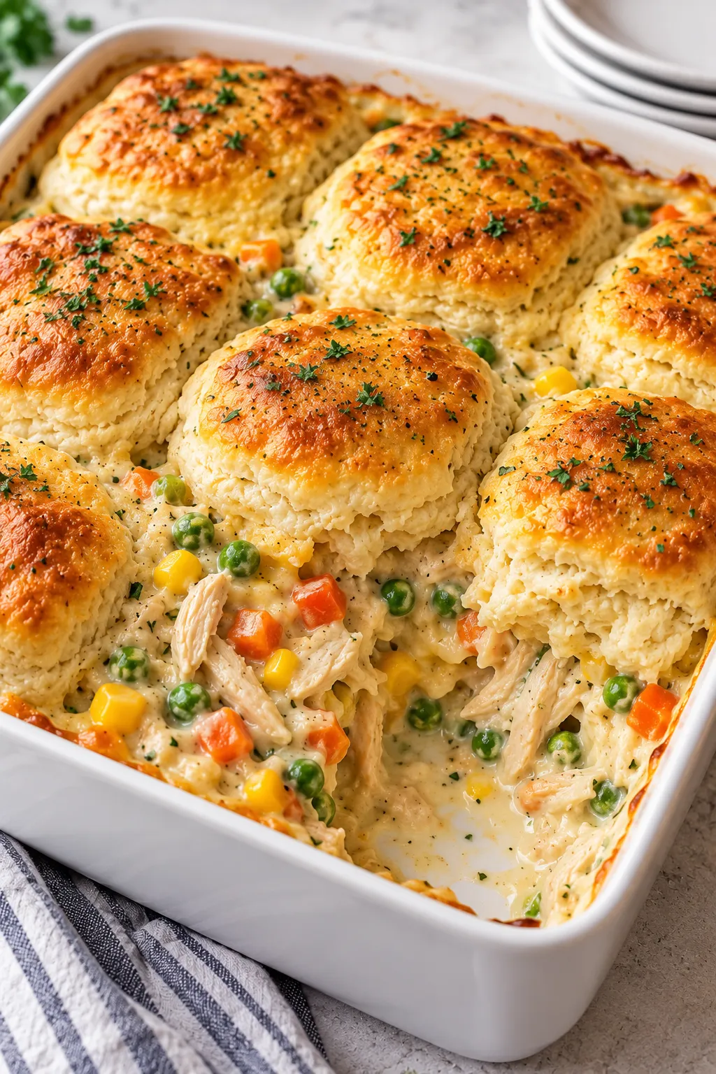 Golden biscuits baked over creamy chicken pot pie filling with mixed vegetables
