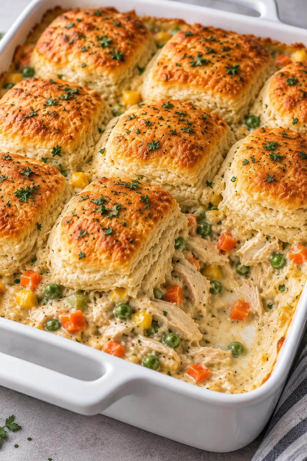 Chicken pot pie bake with flaky golden biscuits and creamy chicken vegetable filling