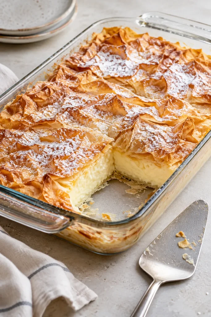 Crinkle cake in glass baking dish with one square removed