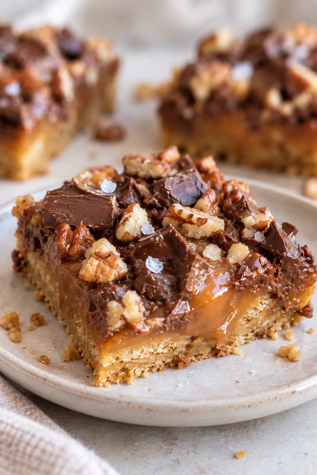 Caramel chocolate bar with a visible shortbread crust, gooey center, and chocolate topping