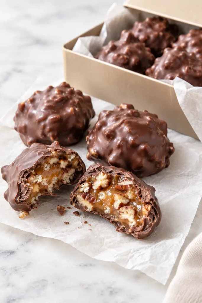 Homemade chocolate pecan billionaire candies with a smooth chocolate coating