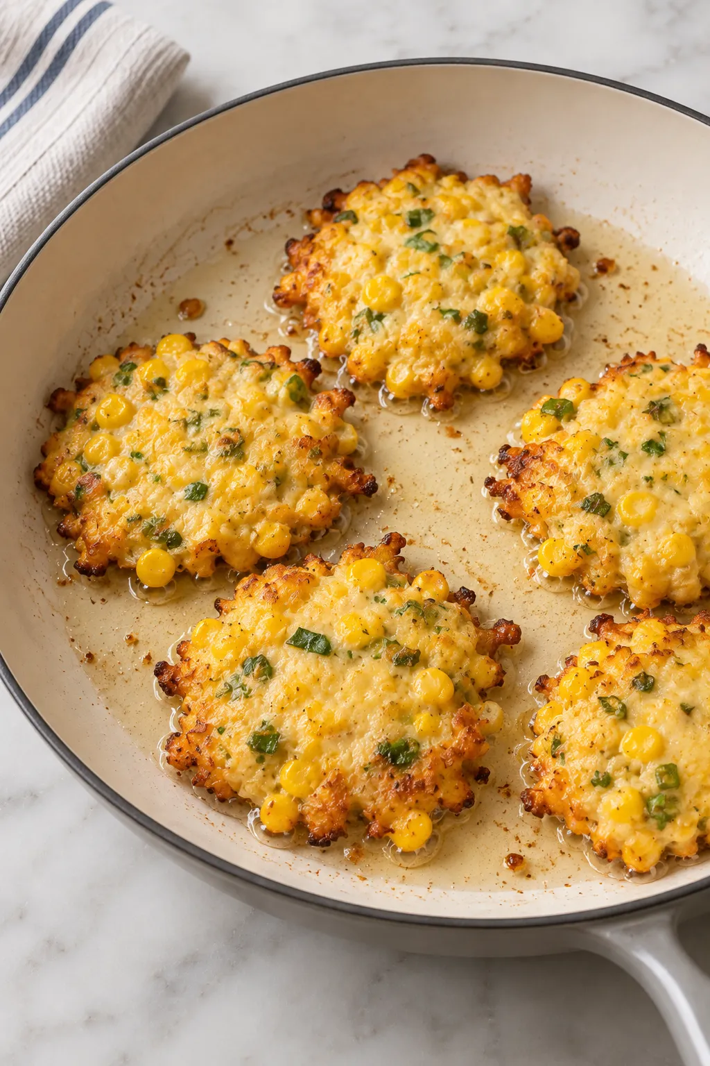 Cheesy corn fritters frying in a skillet until golden around the edges