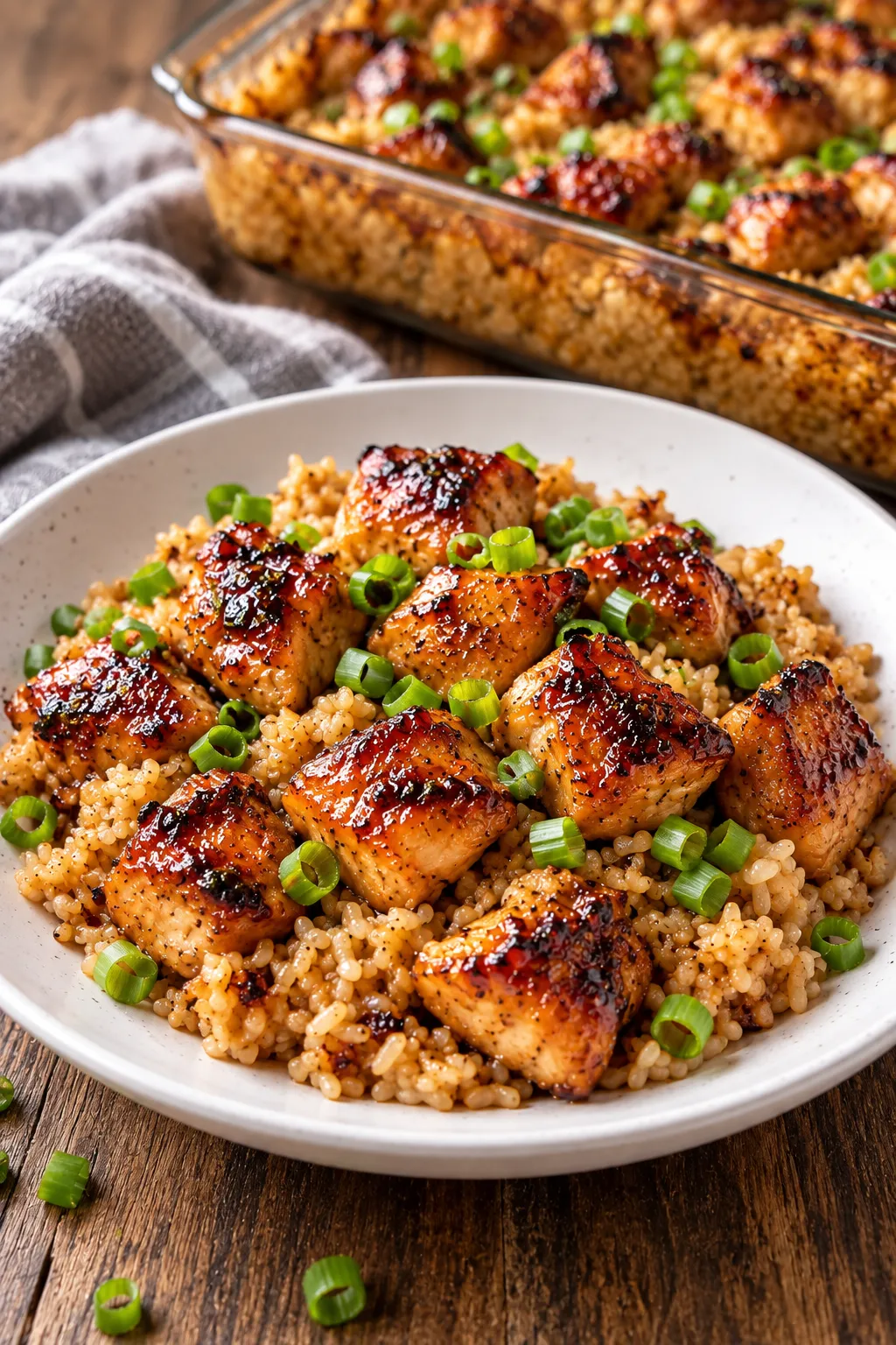 Plate of teriyaki chicken casserole with caramelized chicken, seasoned rice, and green onions beside the baking dish
