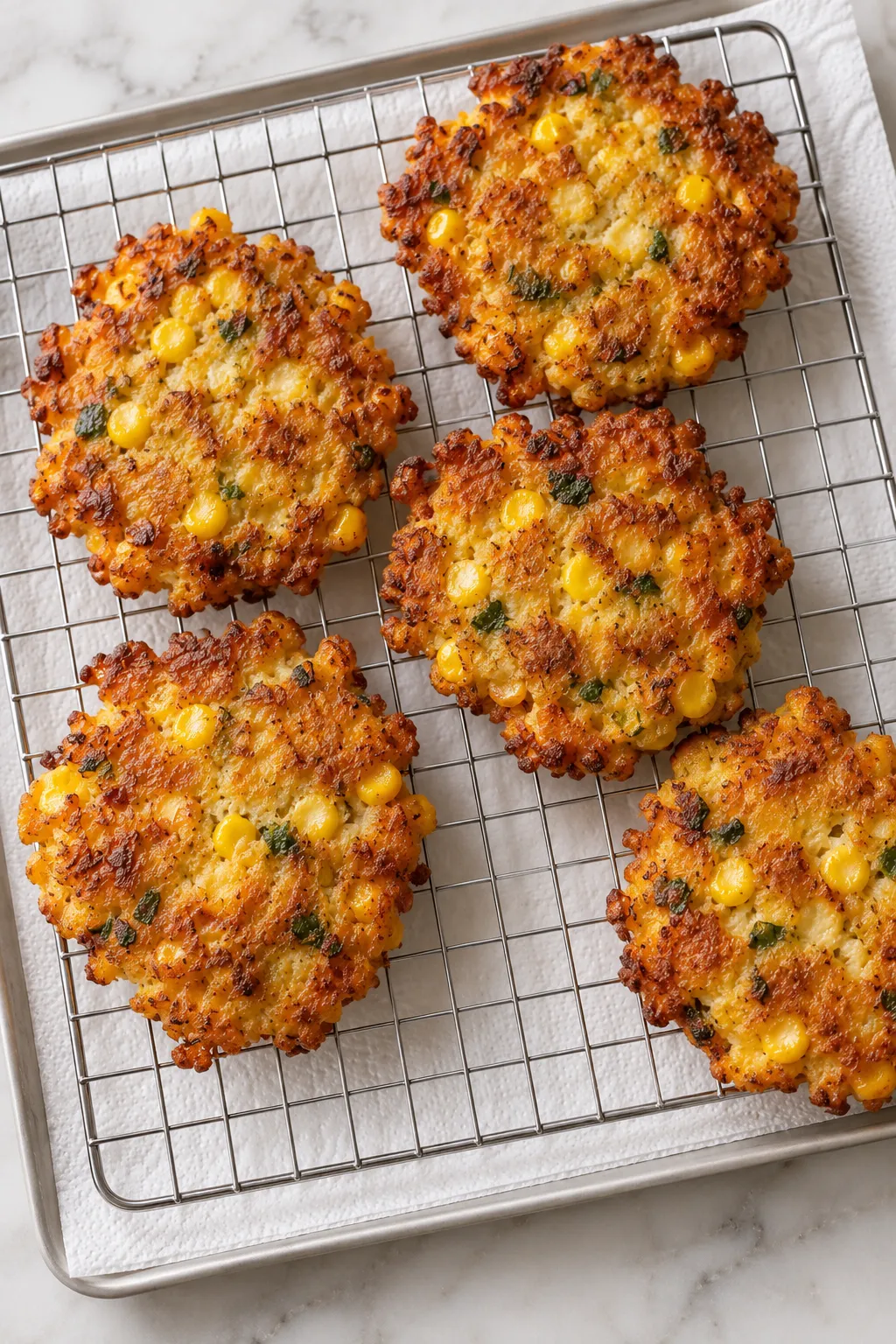 Freshly cooked cheesy corn fritters cooling on a wire rack