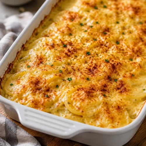 Homemade scalloped potatoes baked with creamy cheddar cheese sauce and golden melted cheese topping.