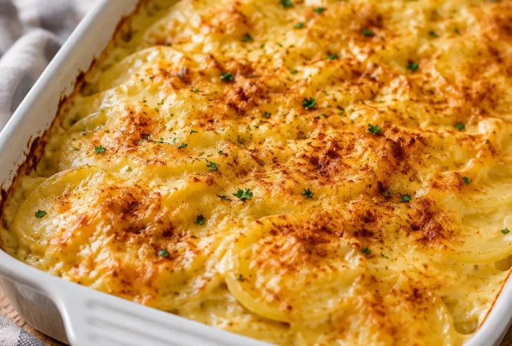 Homemade scalloped potatoes baked with creamy cheddar cheese sauce and golden melted cheese topping.