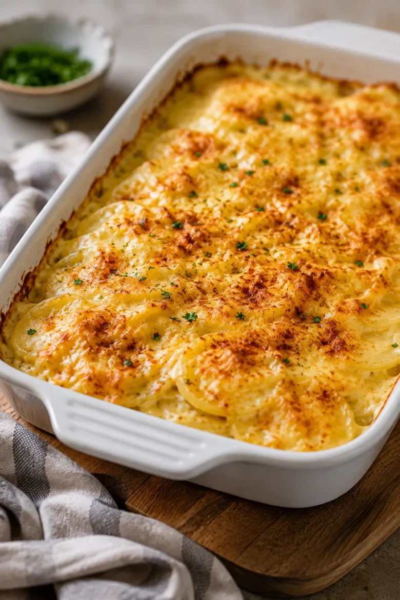 Homemade scalloped potatoes baked with creamy cheddar cheese sauce and golden melted cheese topping.