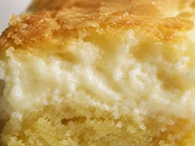 Three Ooey Gooey Bars stacked with a golden crackly top, creamy center, and buttery cake base