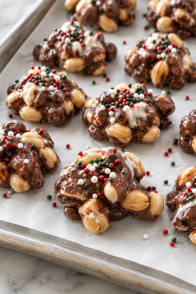 Freshly scooped Crockpot Christmas Crack clusters on a parchment-lined baking sheet