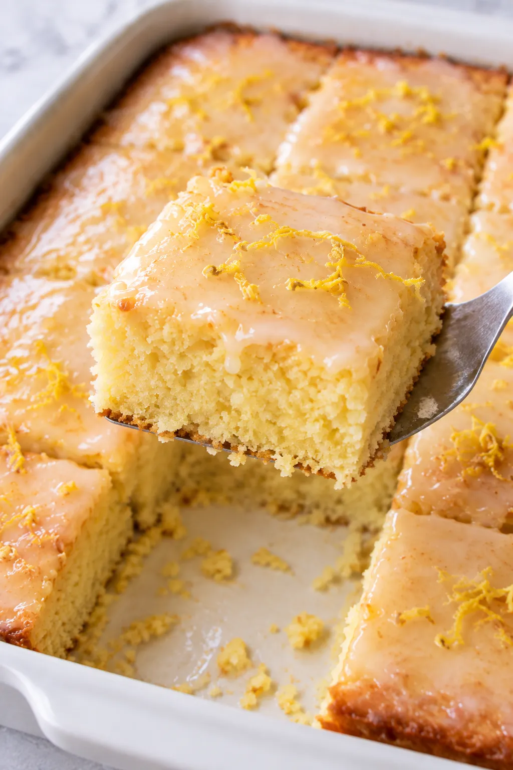 Square of Lemon Cake To Die For lifted from the baking dish