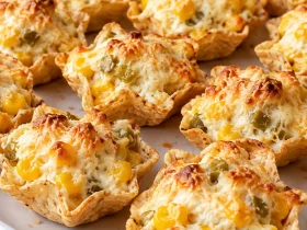Golden baked Iowa Party Bites with corn, green chiles, and melted cheese on a white platter