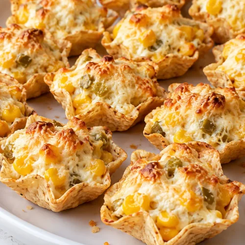 Golden baked Iowa Party Bites with corn, green chiles, and melted cheese on a white platter