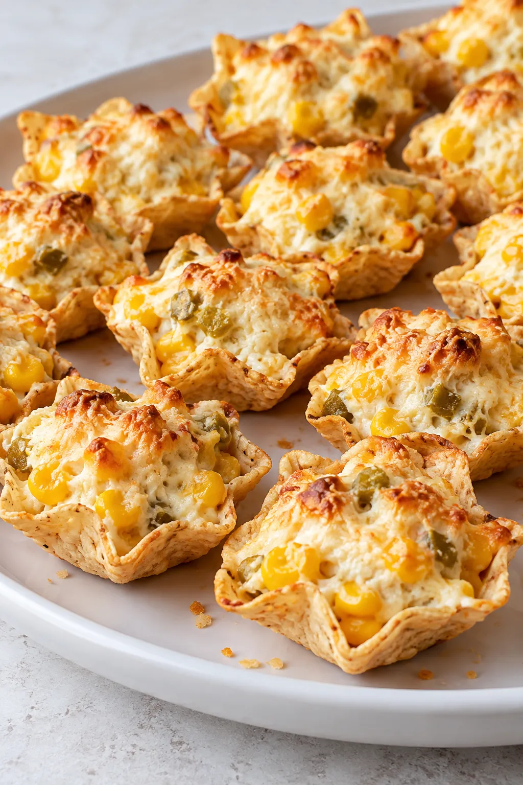 Golden baked Iowa Party Bites with corn, green chiles, and melted cheese on a white platter