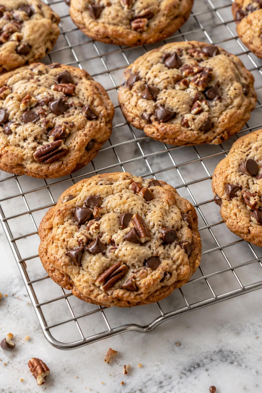Freshly baked chocolate chip pecan cookies cooling on a wire rack