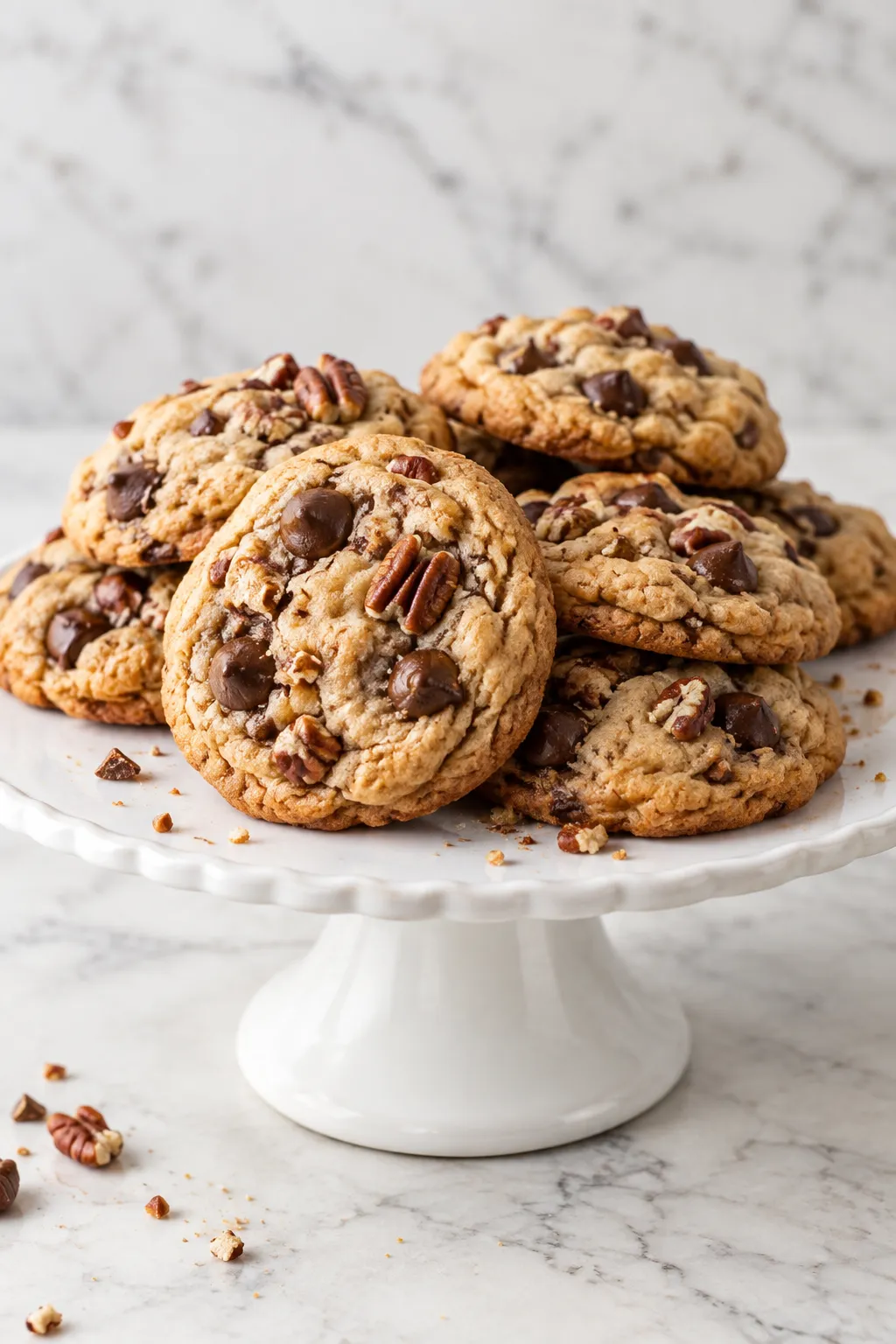 Chocolate chip pecan cookies arranged on a white cake stand