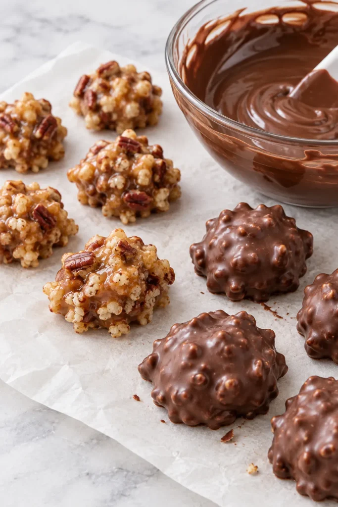 Chocolate-covered pecan caramel clusters for homemade candy