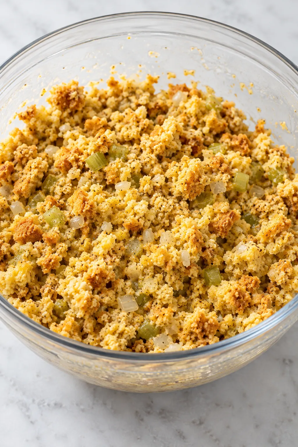 Cornbread dressing mixture with sautéed onion, celery and seasoning in a mixing bowl