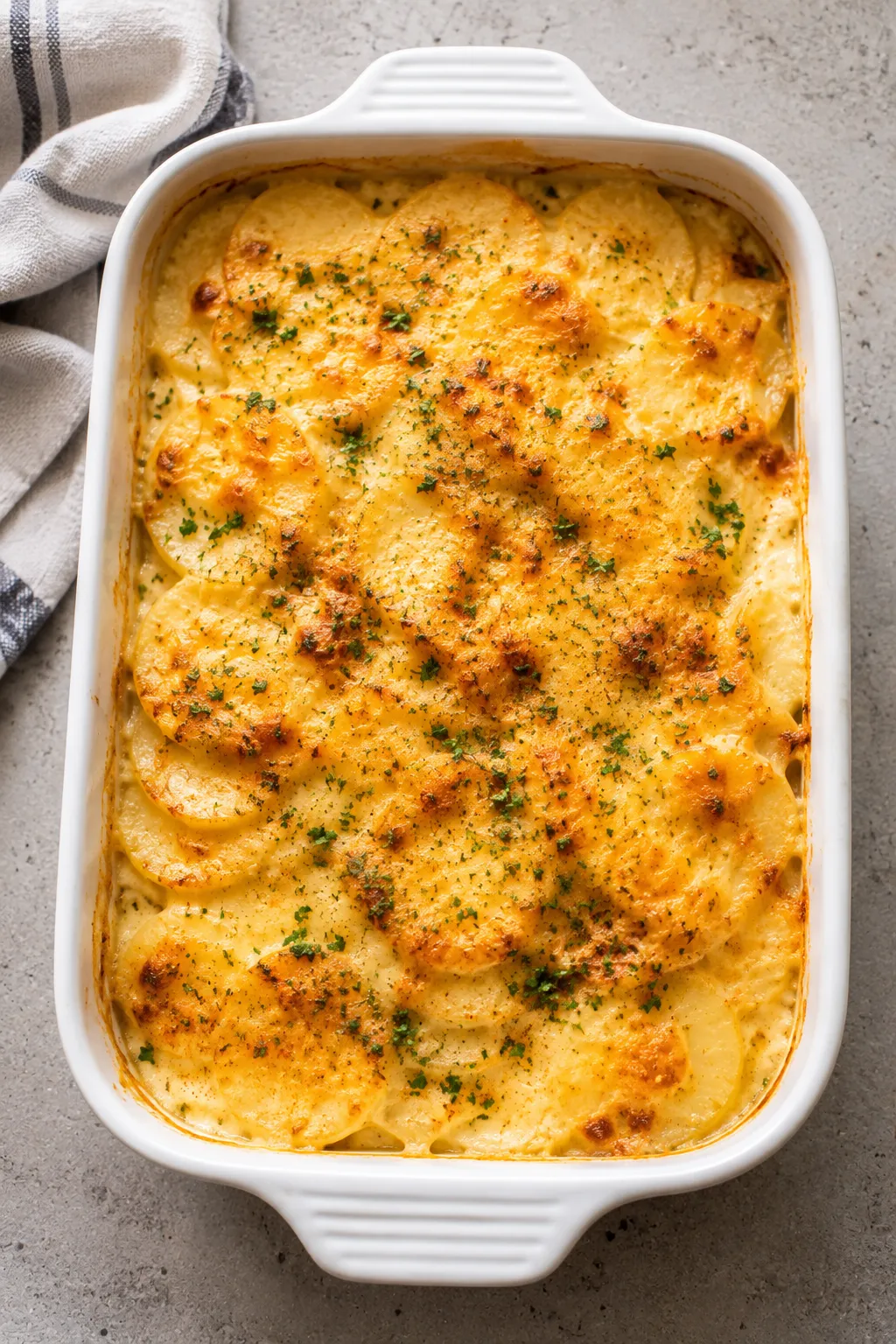 Overhead view of cheesy scalloped potatoes baked until golden brown in a white casserole dish.