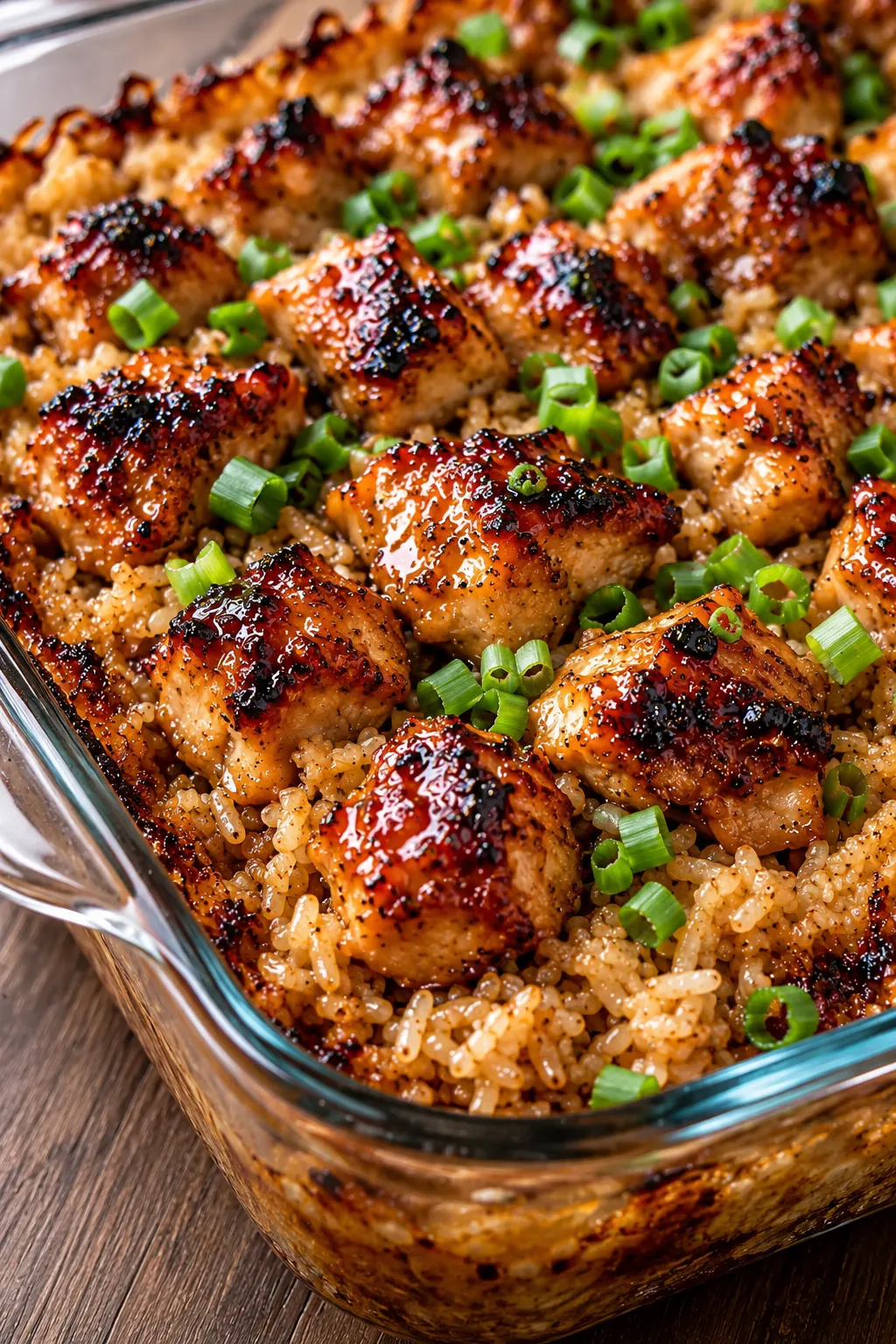 Close-up of sticky teriyaki chicken pieces over baked rice with sliced green onions in a glass casserole dish