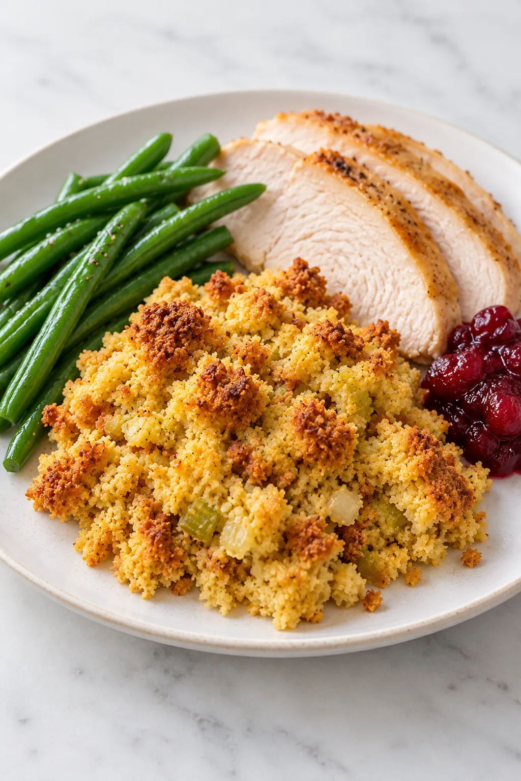Spoonful of golden cornbread dressing with onion and celery
