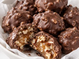 Crunchy chocolate pecan billionaire candies with caramel and crispy rice cereal