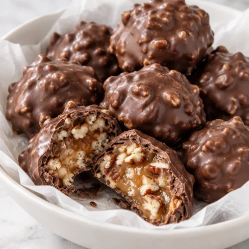 Crunchy chocolate pecan billionaire candies with caramel and crispy rice cereal
