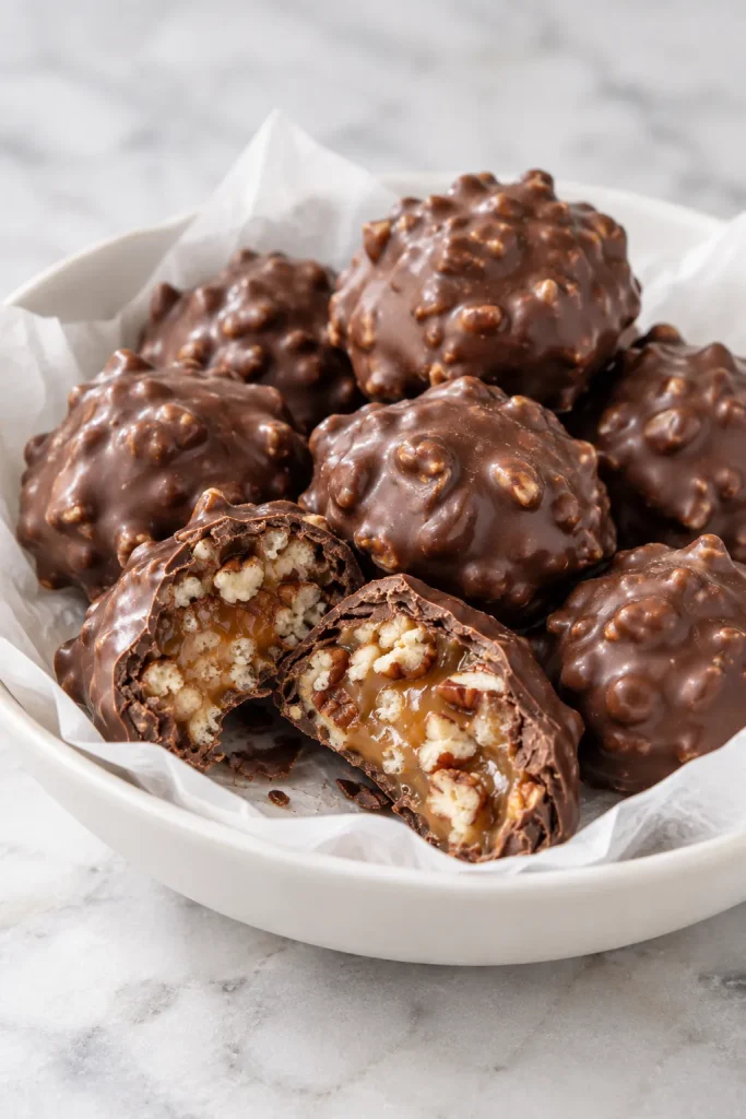Crunchy chocolate pecan billionaire candies with caramel and crispy rice cereal