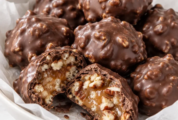 Crunchy chocolate pecan billionaire candies with caramel and crispy rice cereal