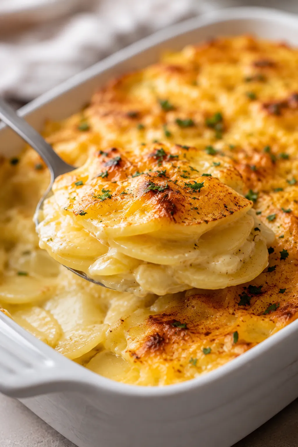 Spoon lifting a serving of cheesy scalloped potatoes from a freshly baked casserole.