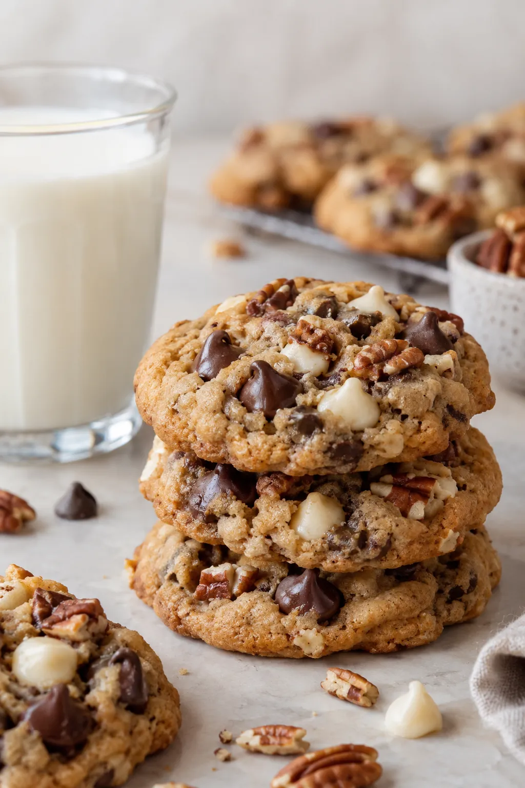 Stack of chocolate chip pecan cookies served with a glass of milk