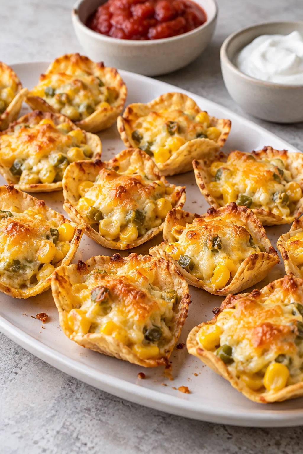 Baked cheesy corn tortilla cups served on a platter with salsa and sour cream