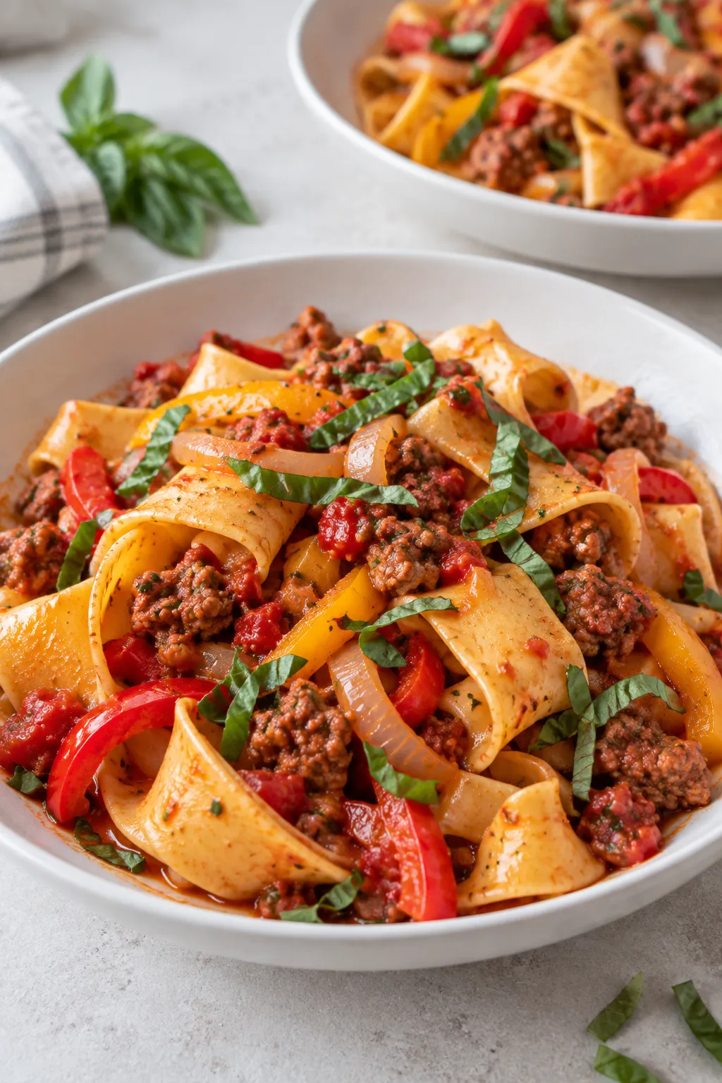 Serving bowl of Italian Drunken Noodles with sausage, bell peppers, tomatoes, onion, and basil