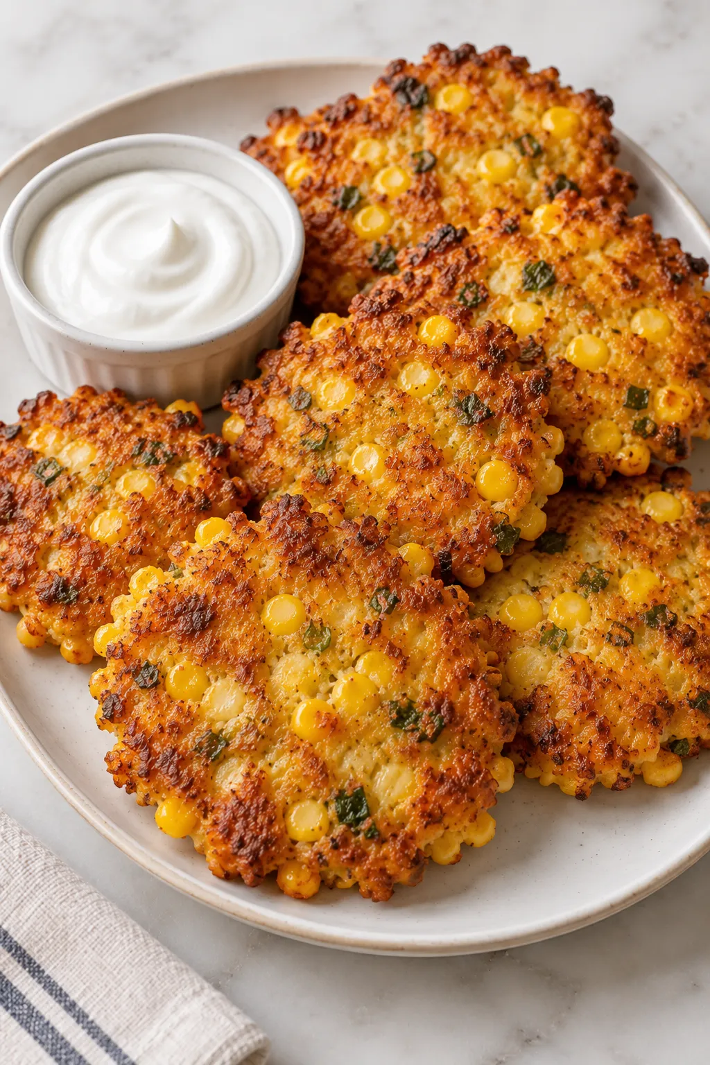 Cheesy corn fritters served on a platter with sour cream for dipping