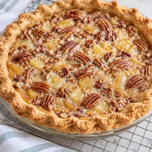Homemade Island Pecan Pie with a golden pecan and coconut topping