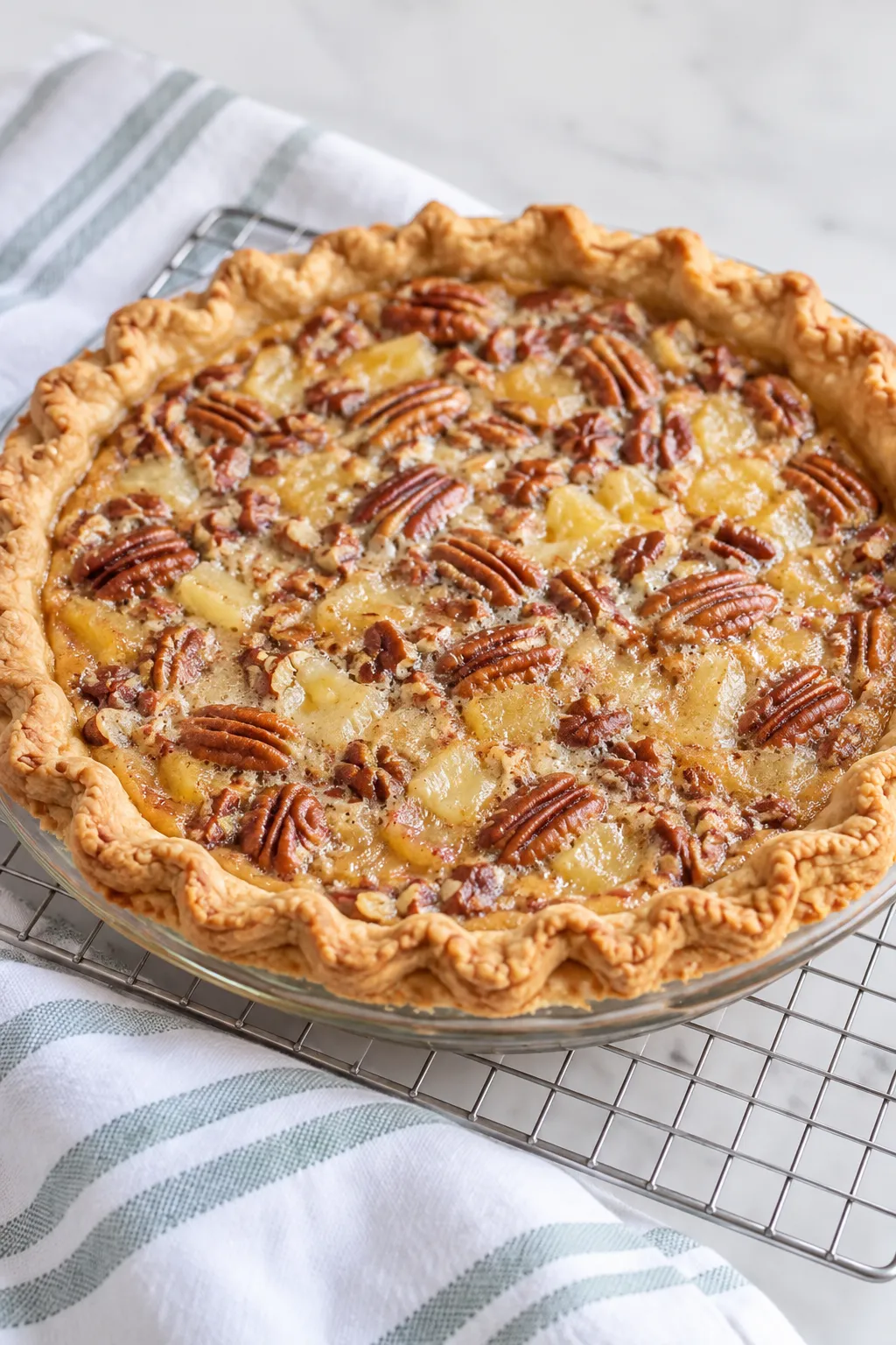 Homemade Island Pecan Pie with a golden pecan and coconut topping