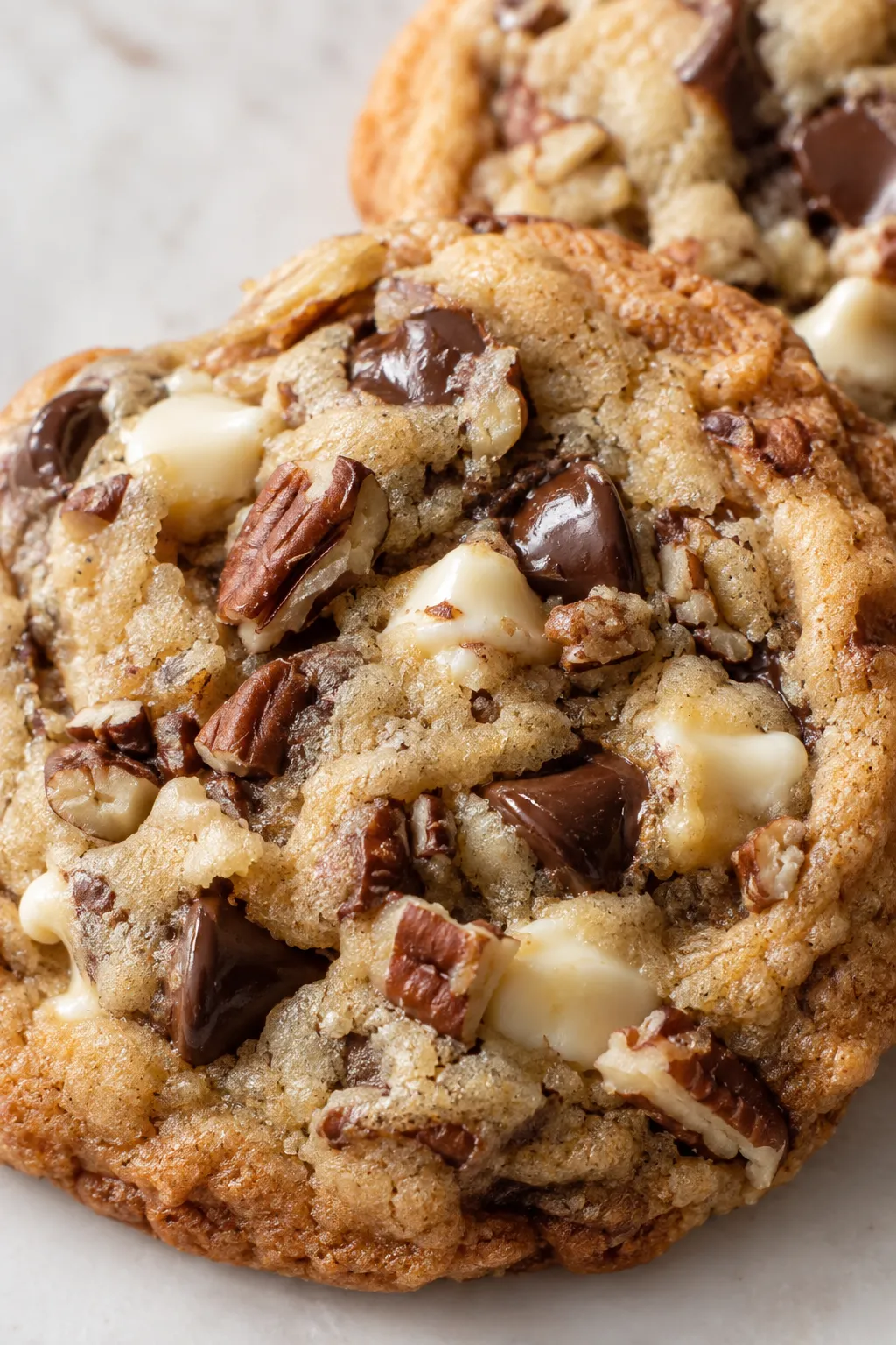 Close-up of a chocolate chip pecan cookie with white chocolate and chopped pecans