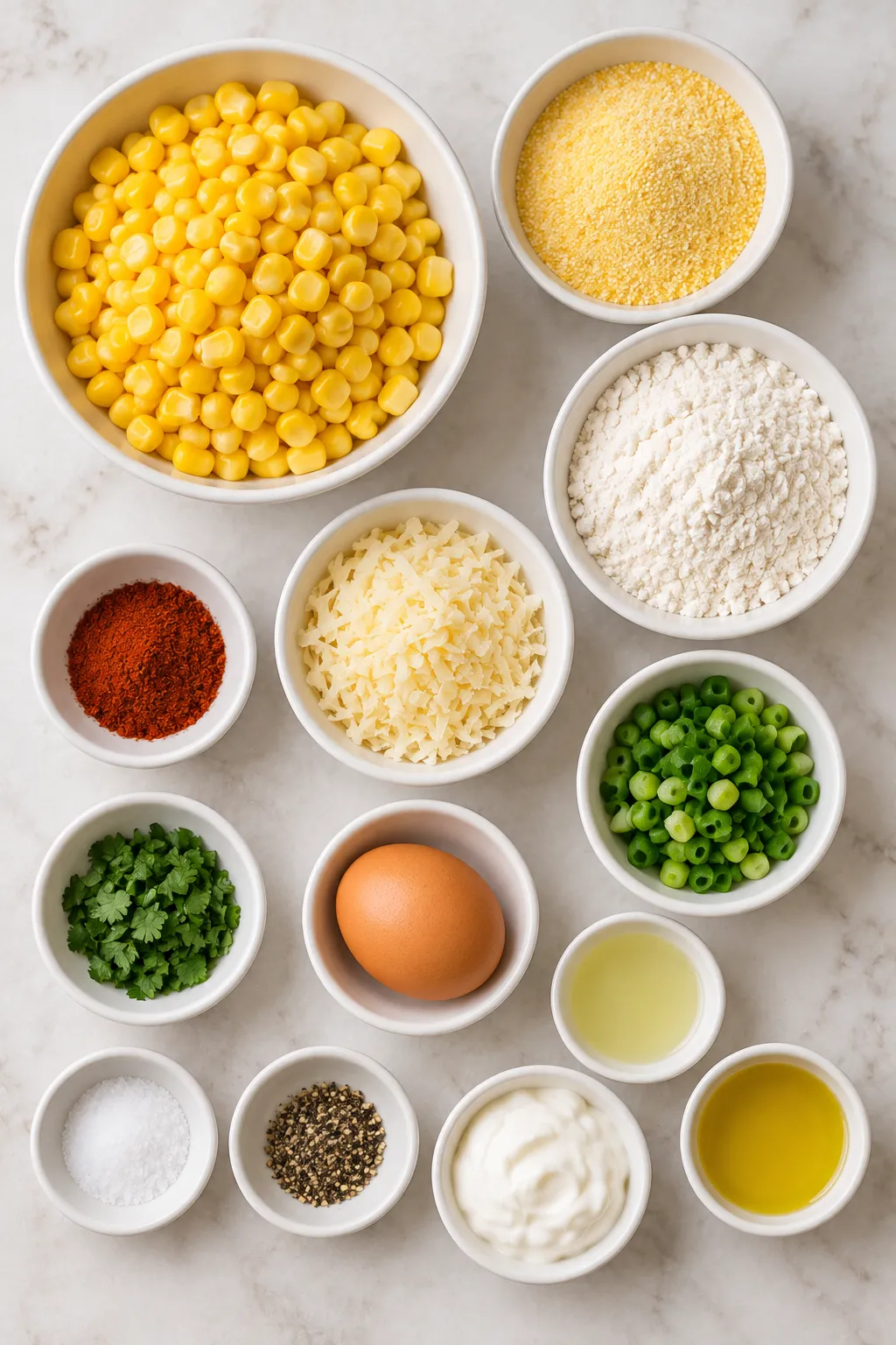 Ingredients for cheesy corn fritters including corn, cornmeal, flour, Parmesan, egg, and seasonings