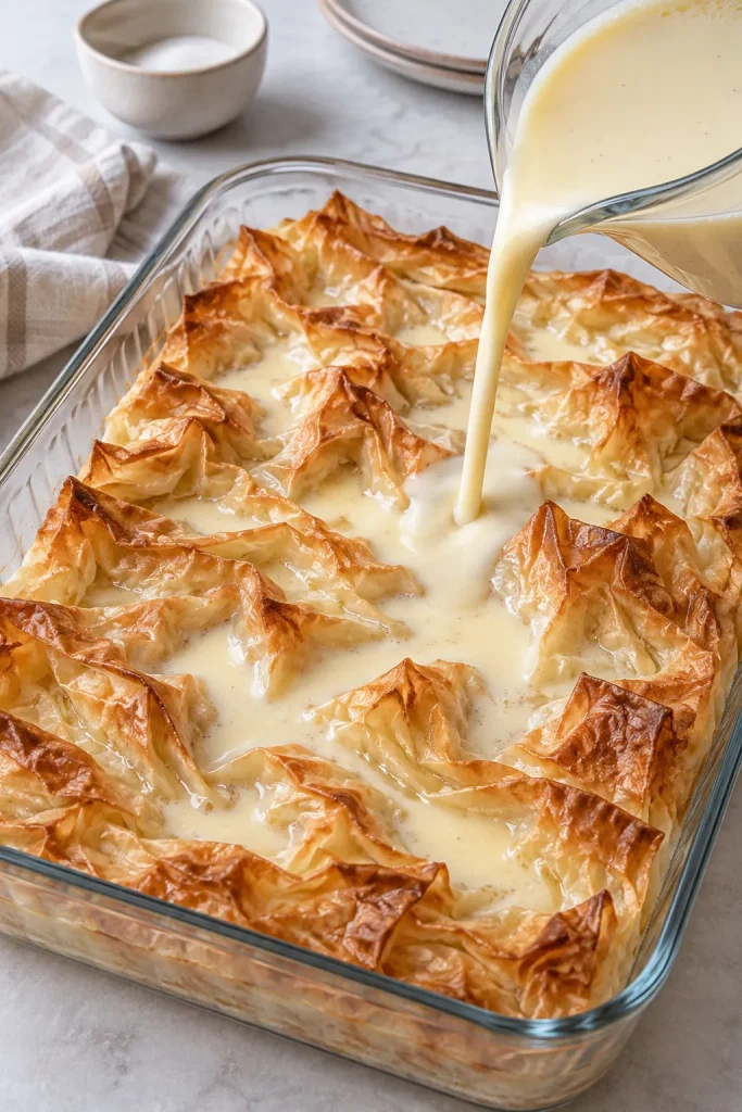 Vanilla custard being poured over crinkled phyllo pastry