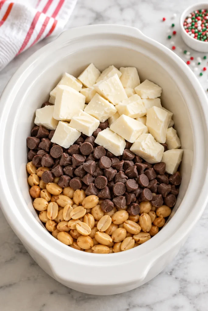 Peanuts, chocolate chips and white candy coating layered in a slow cooker for Crockpot Christmas Crack